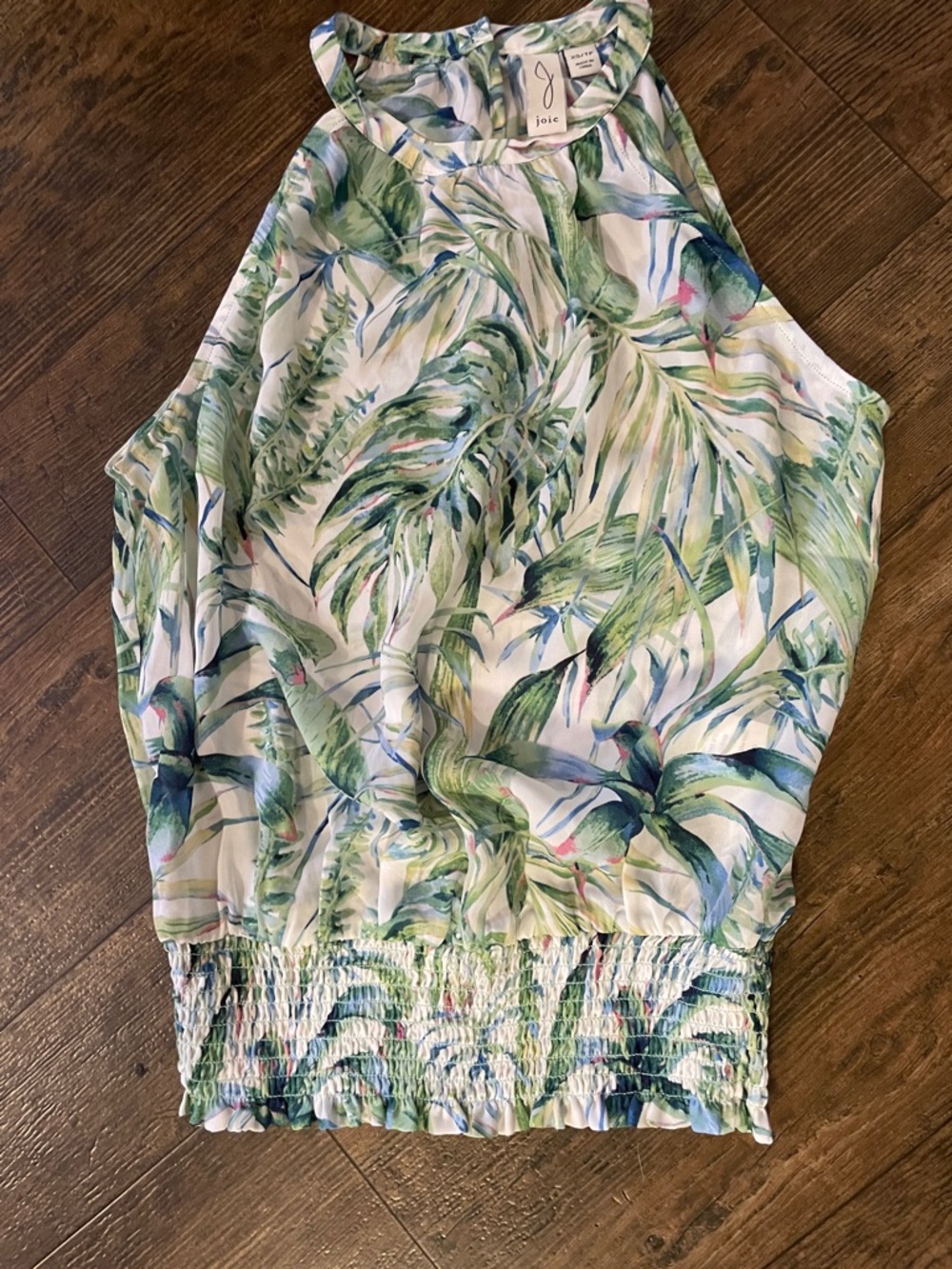 Joie Green & White Tropical Leaf Sleeveless Polyester Smocked Hem Blouse XS